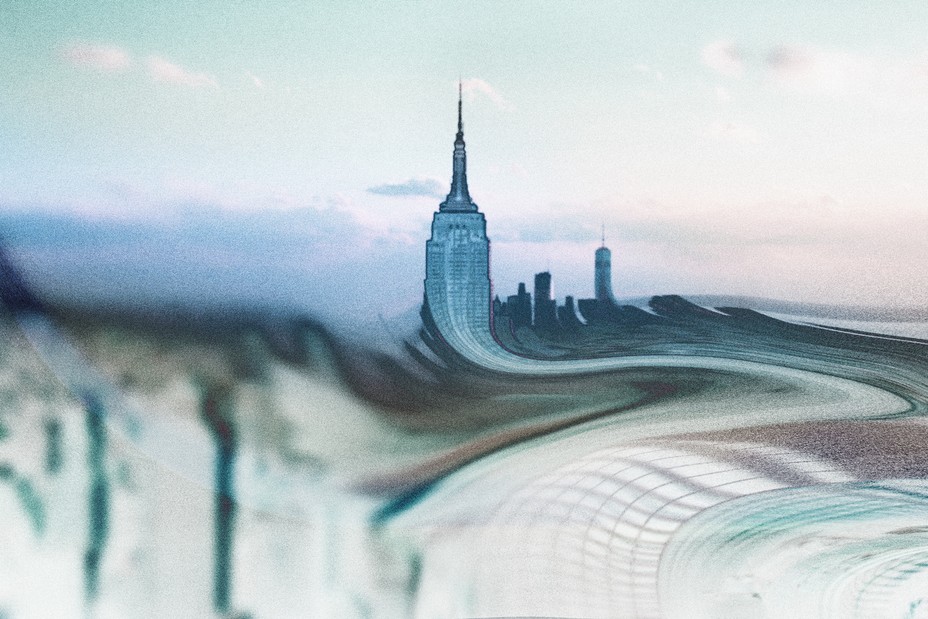 illustration of Empire State Building and NYC skyline swirling and distorted