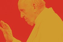 Pope Francis set against a red background