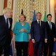 Boris Johnson stands alongside Germany's Angela Merkel, France's Emmanuel Macron, Italy's Giuseppe Conte and the European Council's Donald Tusk.
