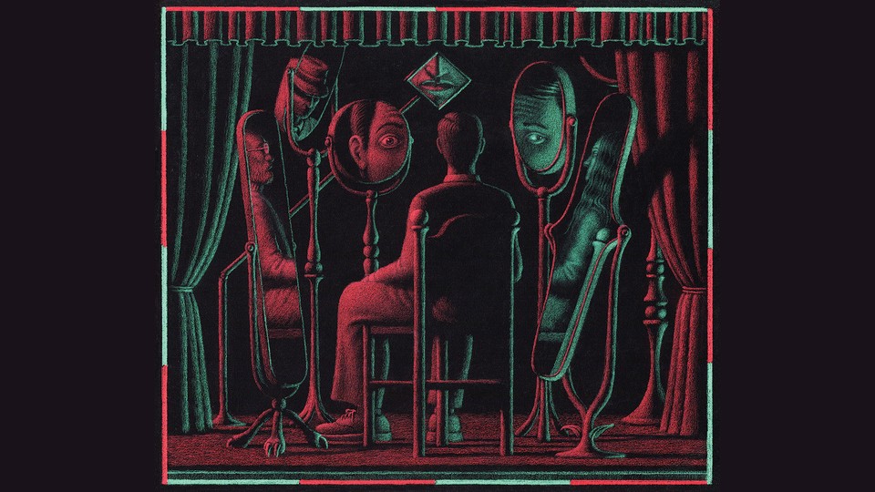 illustration of man sitting in chair, back to reader, facing a curtained stage with different parts reflected in multiple mirrors