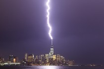 Lightning strikes One World Trade Center in New York.