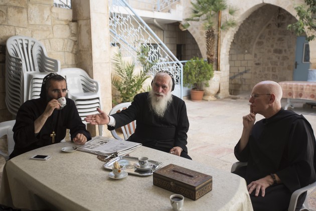 Columba visits with the monks at St. Mark’s Syrian Orthodox Monastery (Matilde Gattoni)