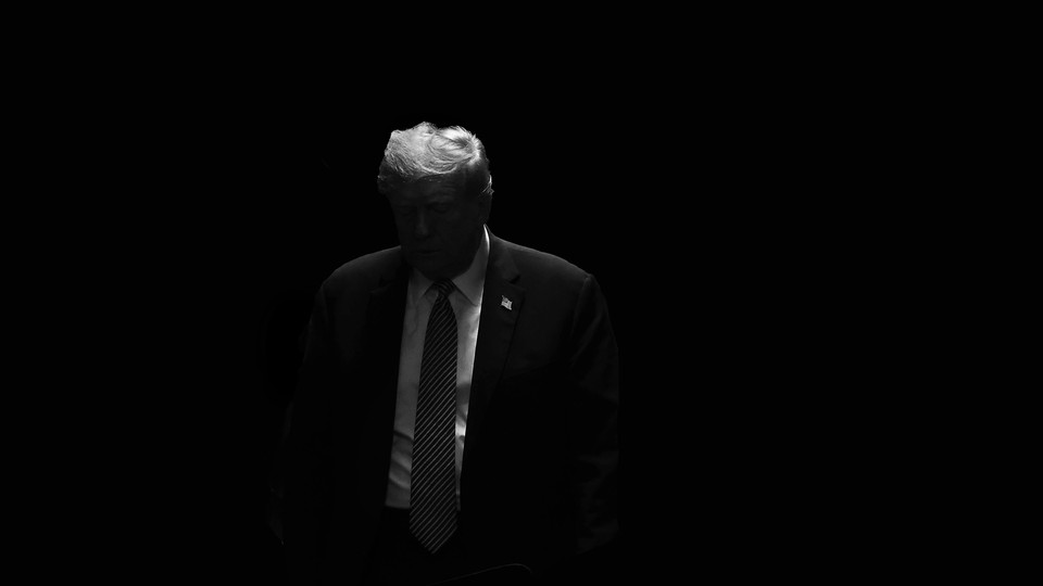An illustration showing President Donald Trump standing in the darkness