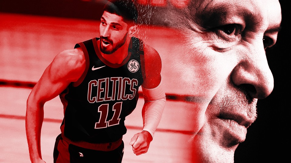An illustration featuring photos of Enes Kanter Freedom and Recep Tayyip Erdoğan
