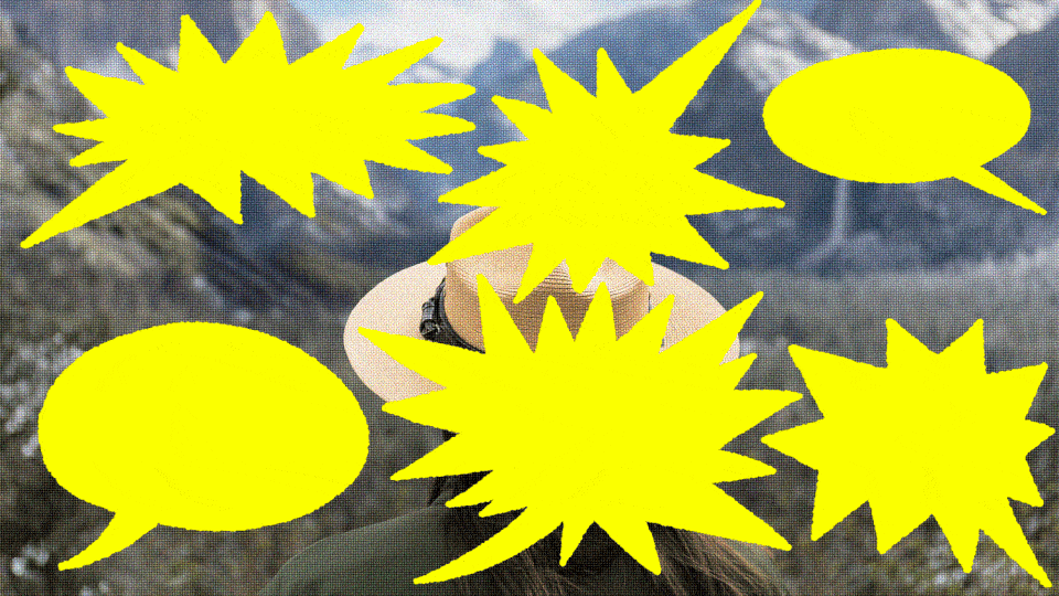 A woman in a park with speech bubbles around her