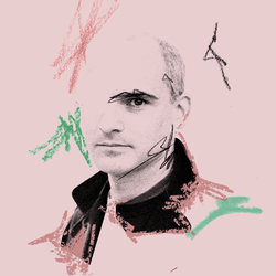A photo-illustration of Hernan Diaz, stylized against a light pink background and surrounded by red, green, and black squiggles