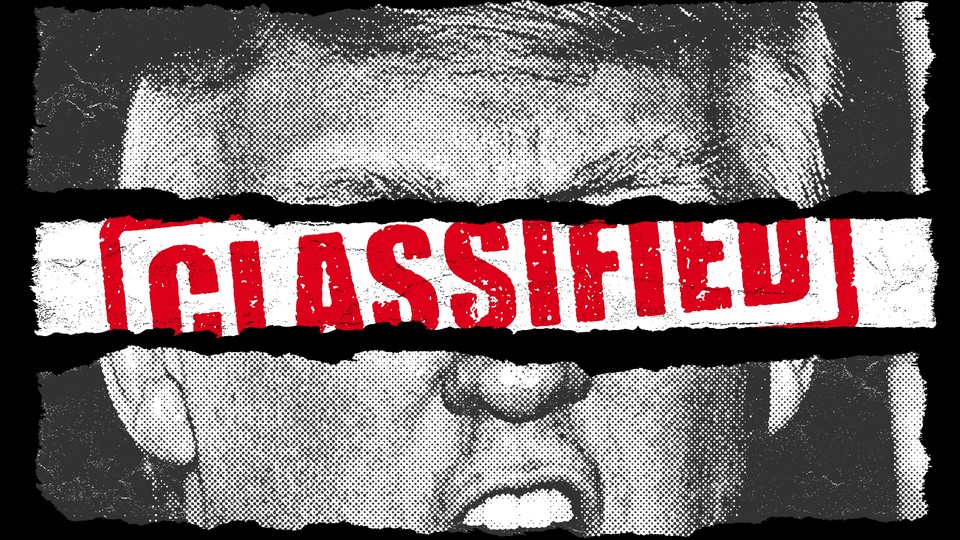 Illustration of Trump with a "classified" stamp over his face.
