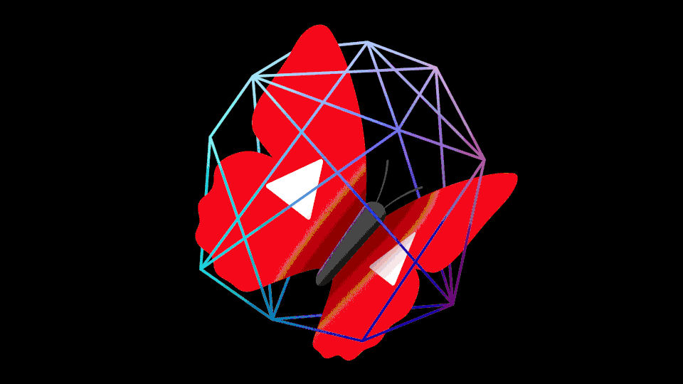 Illustration showing butterfly with YouTube logo wings, trapped inside a polyhedron.