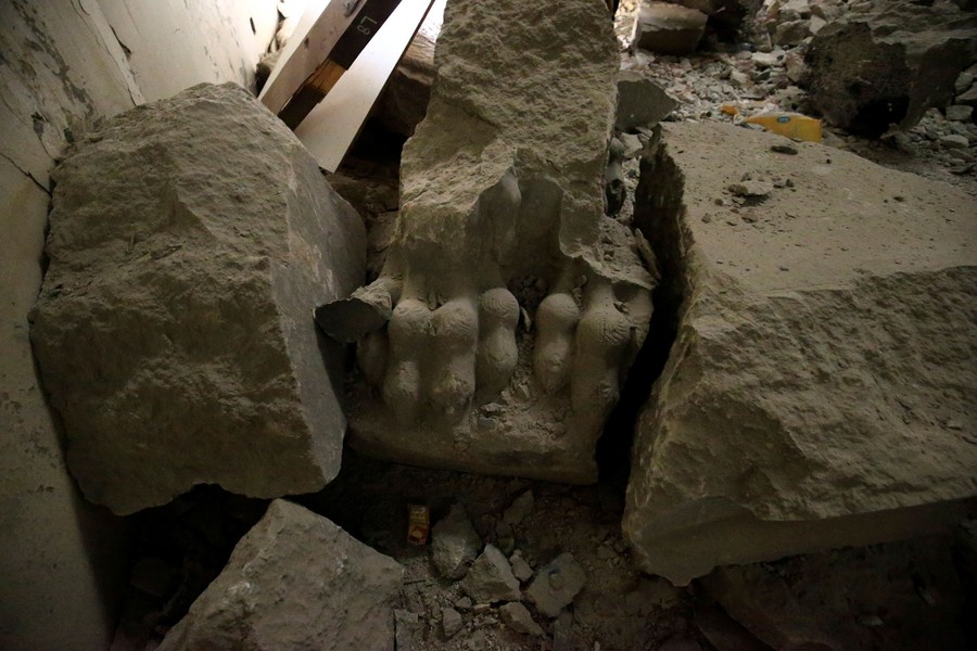A destroyed artifact is seen in a museum, where ISIS militants filmed themselves destroying priceless statues and sculptures in 2015, during a battle against the militants in Mosul, Iraq, on March 11, 2017.
