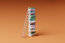 A stack of books with a ladder propped up against it