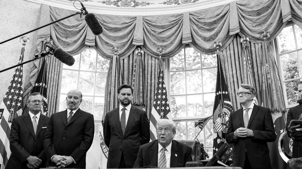 Photograph of Donald Trump and other officials in the Oval Office
