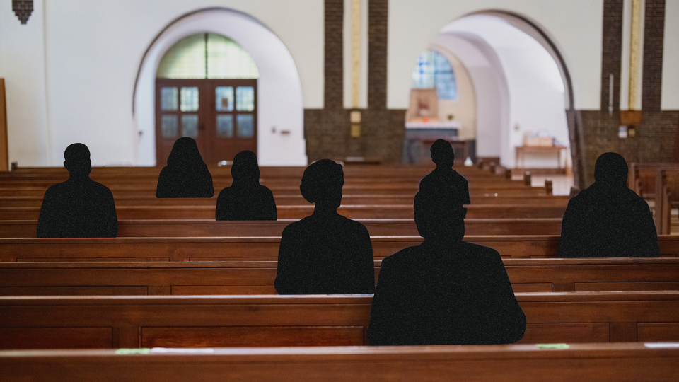 Church pews with black silhouettes of congregants