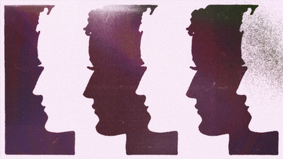 Alternating pink and maroon images of a stylized human head in profile