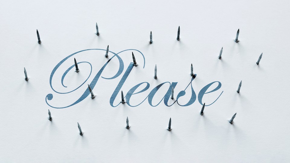 The word "please" in cursive script on a white background, pierced by nails poking through