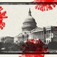 A photo illustration of an old-timey photo of the Capitol framed in a photo frame surrounded by red floating coronavirus particles.