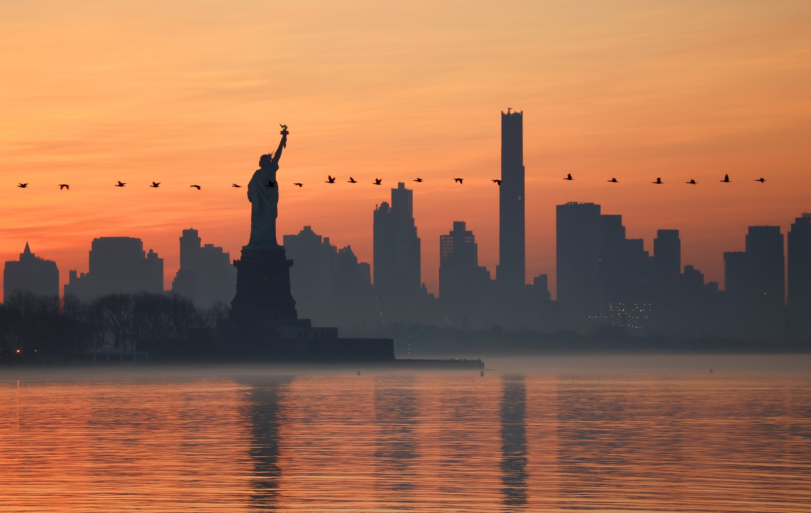 A line of geese flies past the Statue of Liberty and the skyline of Brooklyn at sunrise.