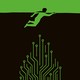 illustration with child's green silhouette swimming across black sea with creature or plant styled as the nodes of a silicon chip reaching up out ominously of the depths
