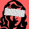 An illustration of a woman's silhouette against a red background, with text pasted across her eyes