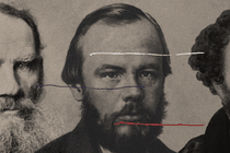 An illustration showing the greats of Russian literature: Tolstoy, Dostoyevsky, Pushkin.