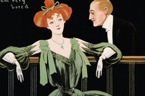 A vintage illustration of a man and woman in formal attire, with the caption "I am very bored"