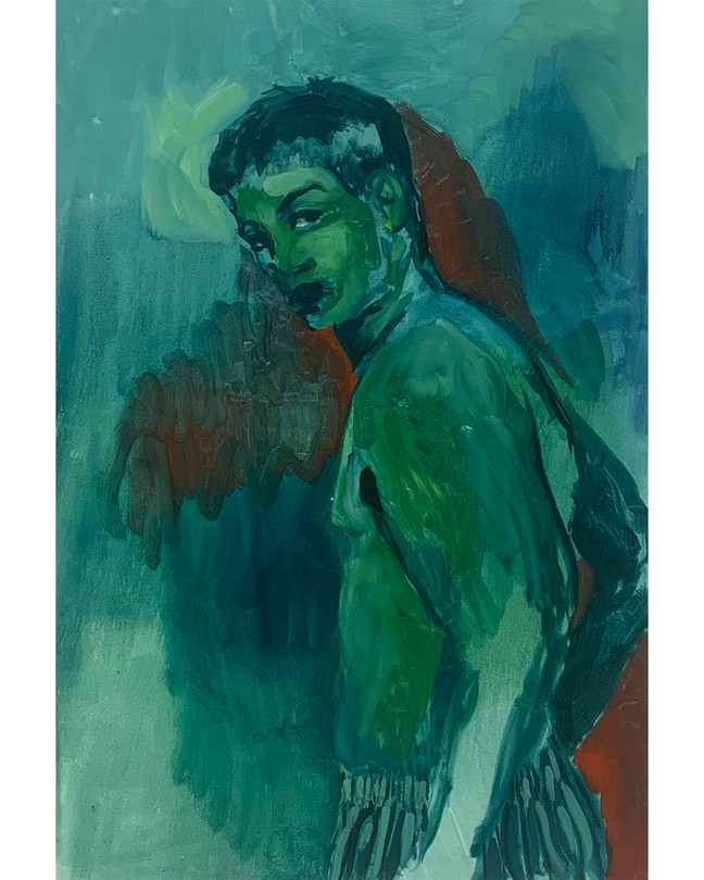 oil painting in shades of blue + green of author looking at viewer