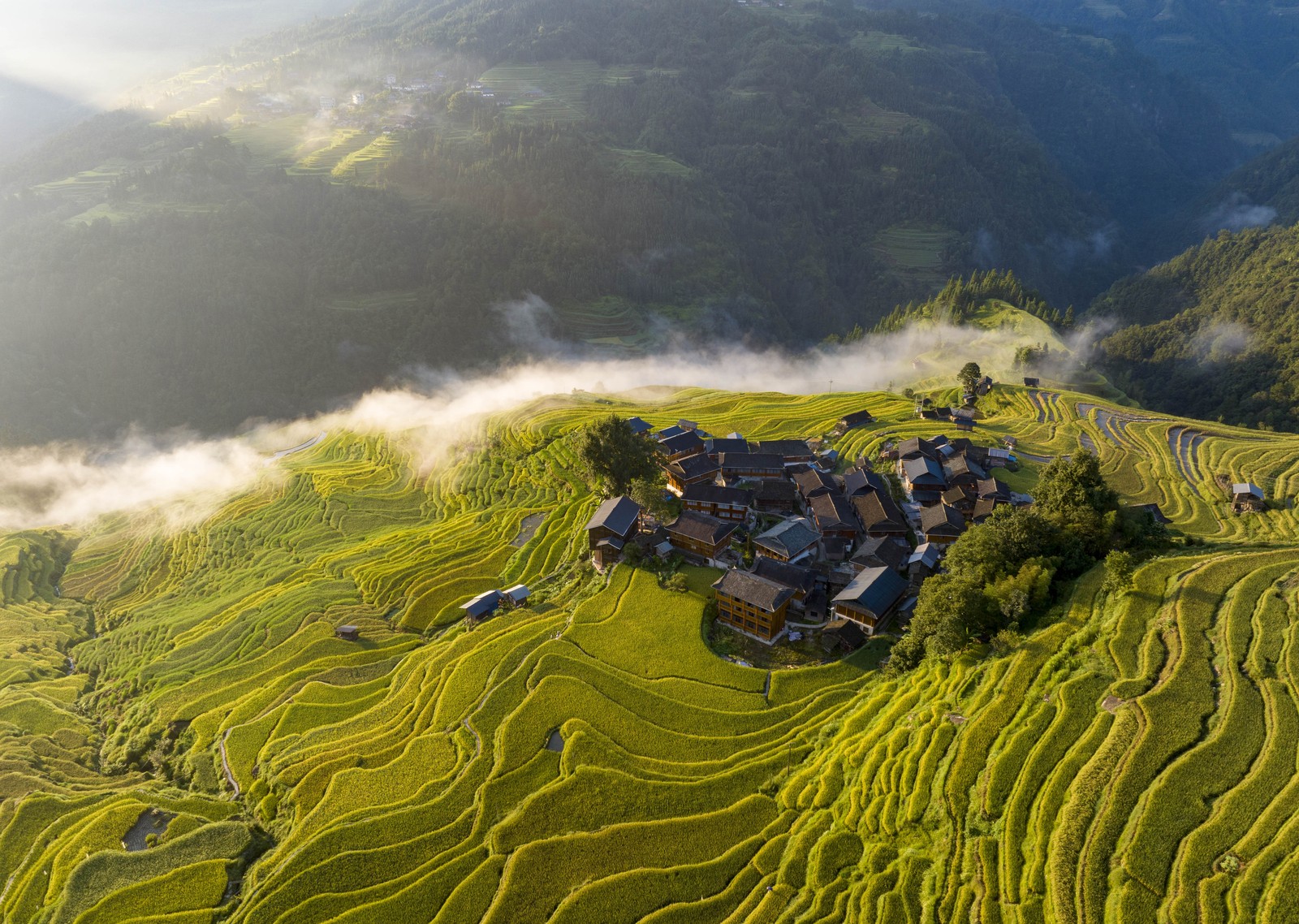 An elevated view of a village situated on a hillside surrounded by terraced fields