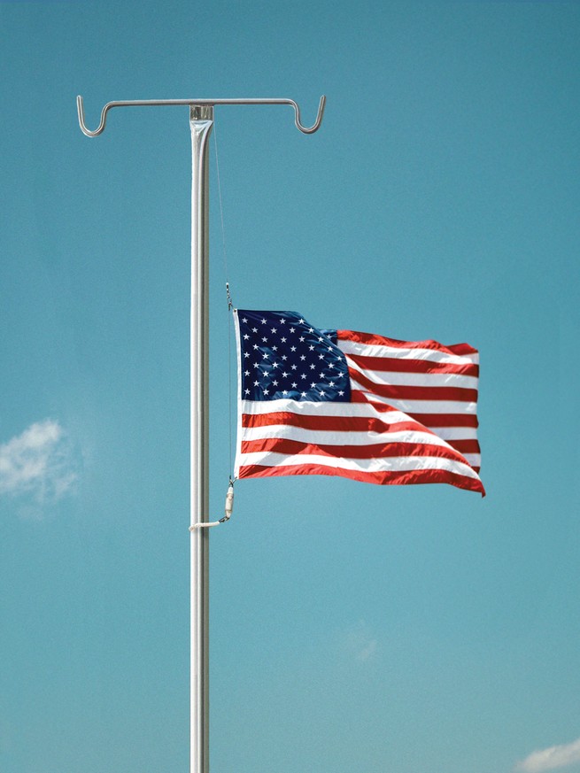 Illustration: American flag at half-mast on IV stand