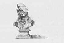 A pencil drawing of an unfinished bust sculpture of the character Jim.