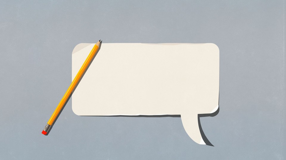pencil over a white cutout of a blank speech bubble 