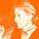 An orange-tinted portrait of Virginia Woolf in side profile, holding a cigarette
