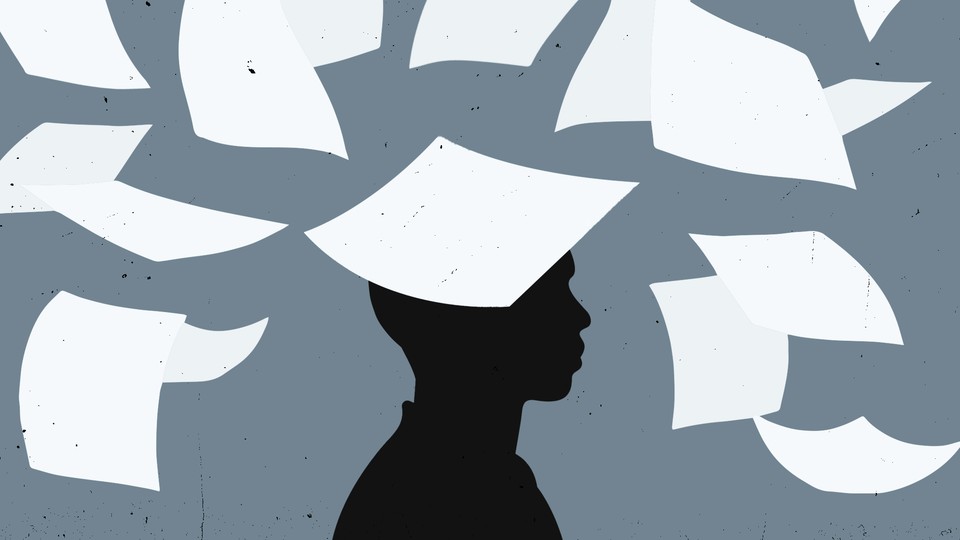 Illustration of white pieces of paper flying through the air around a person's head