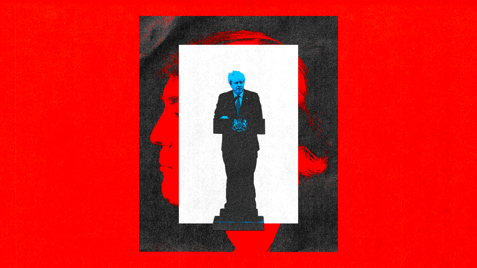 An illustration showing the figure of Boris Johnson superimposed on a profile of Donald Trump.