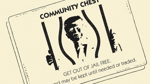 A Monopoly-like "get out of jail free" card, with Donald Trump looking ready to get out from behind bars