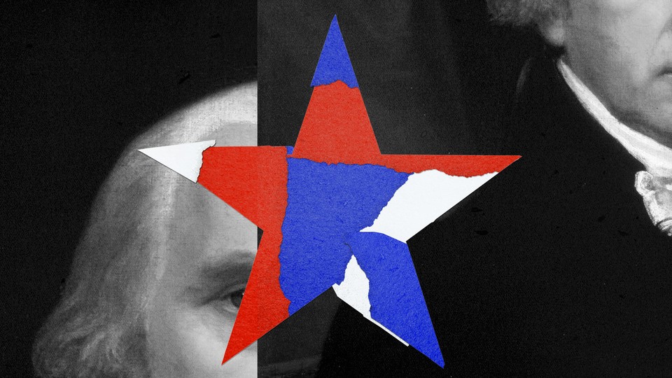 An illustration of a red, white, and blue star atop black-and-white photos of the Founding Fathers