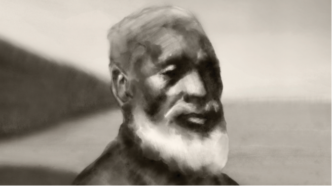 A portrait illustration of Josiah Henson with a coast behind