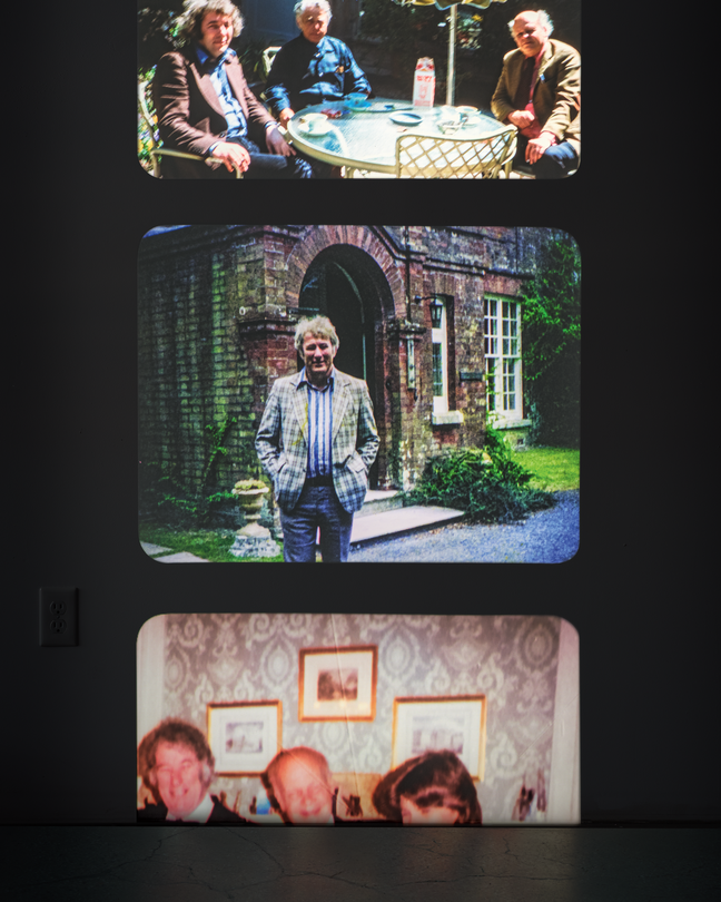 Illustration with collage of Flanagan family photos on black background, resembling a film strip