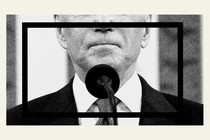 Picture of Joe Biden standing behind a microphone on top of a beige background