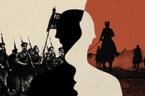 Illustration with archival photo of Russian soldiers on white background on left, archival photo of Russian cavalry on red background on right, with silhouette of soldier and overlapping profile of face in center