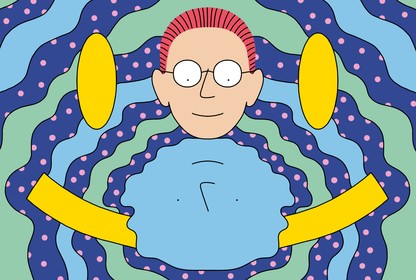 Psychedelic illustration of man gazing at his reflection in water, with a giant smiley face in the background