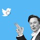 Photo illustration of Elon Musk pointing his fingers like a gun toward the Twitter logo, which has crosshairs over it.
