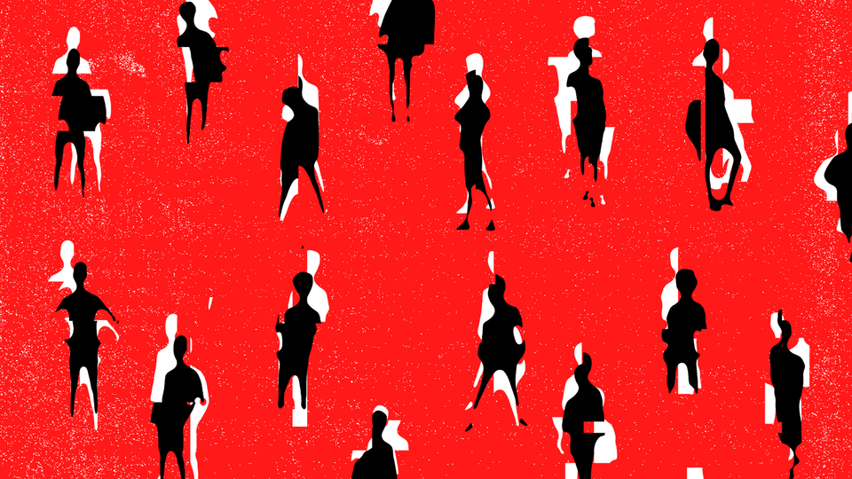 An illustration of black and white figures on a red background