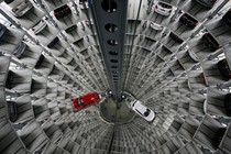 Cars are parked in a huge tower in the the Autostadt visitor attraction in Wolfsburg, Germany. 
