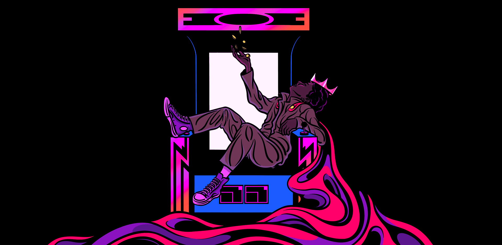 An illustration of a Black man with a crown reclining on an arcade game