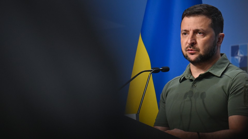 Ukrainian President Volodymyr Zelensky speaks at a press conference at the NATO meeting in Vilnius.