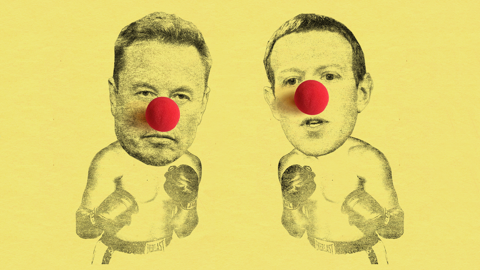 Elon Musk and Mark Zuckerberg posed as boxers, wearing red clown noses.