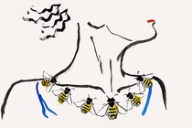 An illustration of a woman looking up to the side, with a long neck and a necklace of bees and a collar line of deep blue