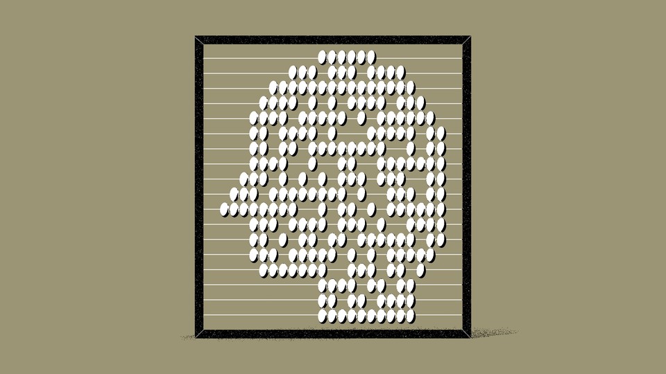 Illustration of a person's head made up of white dots.