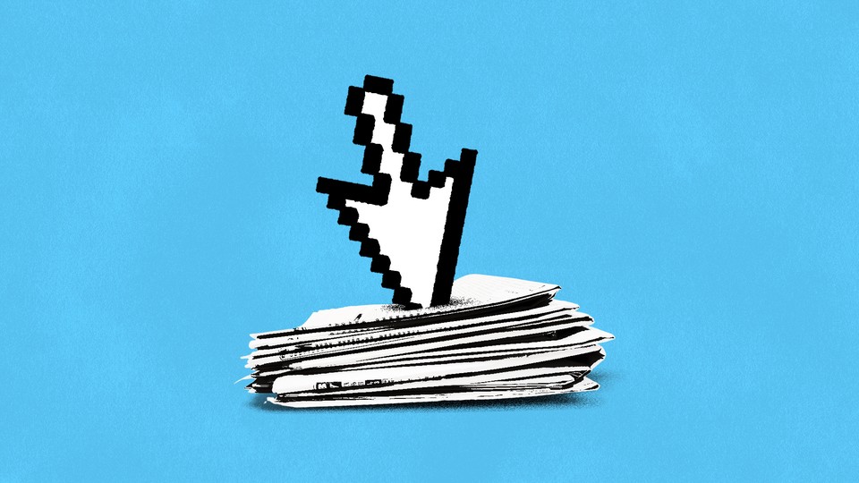 A mouse cursor stuck in a newspaper