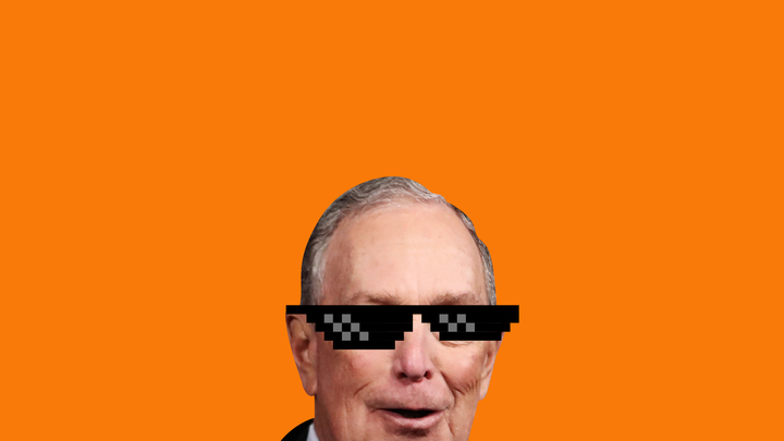 Former mayor Mike Bloomberg with pixelated meme sunglasses.