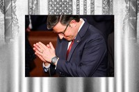 Speaker Mike Johnson holding his hands together in front of grayscale American symbols